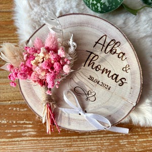 Portafedi, cuscino portafedi personalizzato, legno e fiori secchi. Cerimonia nuziale, portafedi per marito e moglie, sposa boho