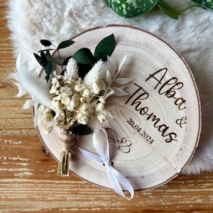 Portafedi nuziali, cuscino personalizzato per fedi nuziali, legno e fiori secchi. Cerimonia di nozze, portafedi per marito e moglie, sposa eucalipto