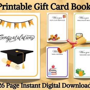 Afdrukbaar boek met afstudeercadeaubonnen. Een uniek cadeau-idee dat perfect is voor elke student op de middelbare school, middelbare school, hogeschool of universiteit!!