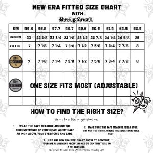 Op de afbeelding: New Era maattabel voor petten met afmetingen in centimeters en inches. De tabel toont petmaten van 55,8 cm (22 inch) tot 63,5 cm (25 inch). Instructies over hoe je je hoofd meet voor een passende pet zijn inbegrepen.