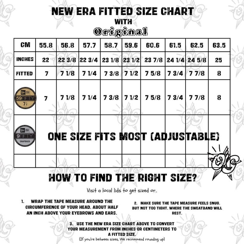 Op de afbeelding: New Era maattabel voor petten met afmetingen in centimeters en inches. De tabel toont petmaten van 55,8 cm (22 inch) tot 63,5 cm (25 inch). Instructies over hoe je je hoofd meet voor een passende pet zijn inbegrepen.