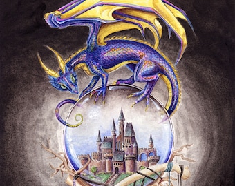 The Mystic's Familiar Art Print - Dragon with Crystal Ball - Fantasy Illustration