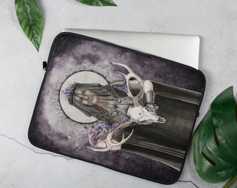 Amethyst Alchemy Laptop Sleeve Gothic Witchy Sorceress with Red Deer Skull Midas