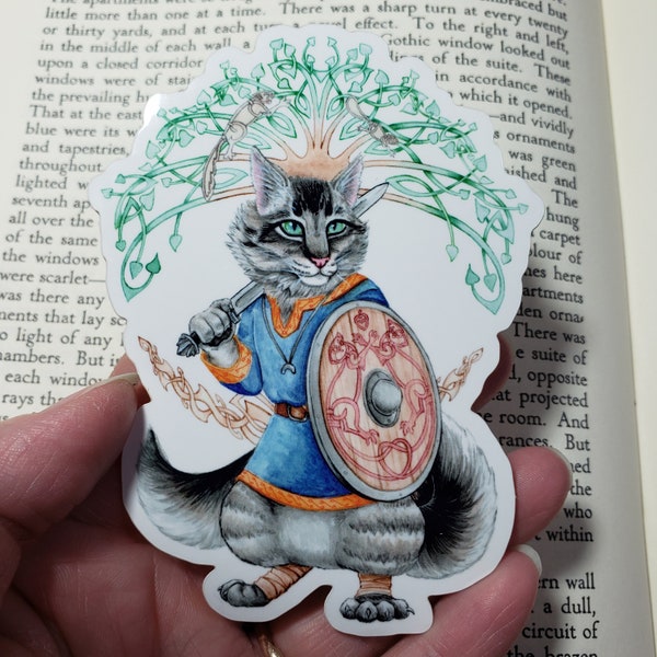 Freyar Goes Viking - Norse Knotwork Cat with Sword and Shield Soft Gloss Transparent Sticker - Cute