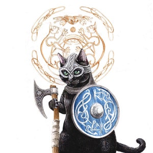 Viking Cat Art Print - Norse Knotwork - Battle Cat Wielding Axe and Shield - Cute