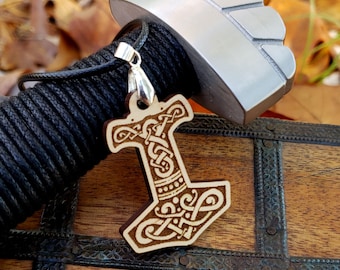 Original Maple Wood Mjölnir Necklace - Viking Norse Laser Etched Pendant - Thor's Hammer