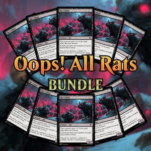 May include: A bundle of "Rat Colony" trading cards, featuring a black rat illustration on a white background with red accents. The cards are arranged in a circular pattern with the text "Oops! All Rats" and "BUNDLE".