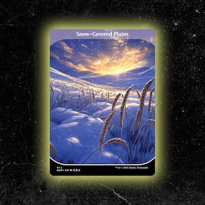 May include: A card featuring a landscape of snow-covered plains under a sunset sky. The image shows snow-covered fields with tall, golden wheat stalks. The text "Snow-Covered Plains" is at the top. The card has a yellow border.