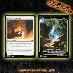 May include: Two rectangular trading cards with black borders. The left card, Gleaming Splendor, features a figure holding a glowing orange orb. The right card, Treasure, displays a large, multifaceted blue crystal resting on a forest floor.