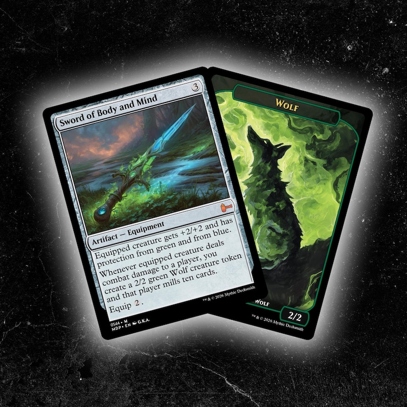 May include: Two Magic: The Gathering cards. One card features a detailed illustration of a sword with a blue blade and green hilt, titled "Sword of Body and Mind." The other card depicts a green wolf against a green and yellow background, labeled "WOLF" with "2/2" below.