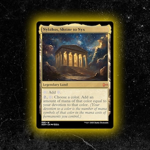 May include: A Magic: The Gathering card titled "Nykthos, Shrine to Nyx." The card features an illustration of a classical temple with golden columns under a starry sky. The card text describes its function as a legendary land.