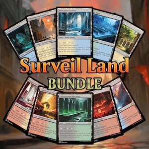 May include: A collection of Magic: The Gathering "Surveil Land Bundle" cards. The cards feature various landscape art, including swamps, islands, and forests. The text "Surveil Land Bundle" is displayed in large, colorful letters.