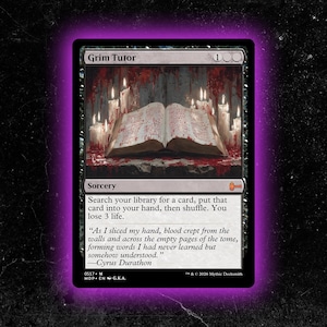 May include: A Magic: The Gathering card named "Grim Tutor." The card depicts an open book with red text, set against a backdrop of candles. The card has a black border with a purple outline.