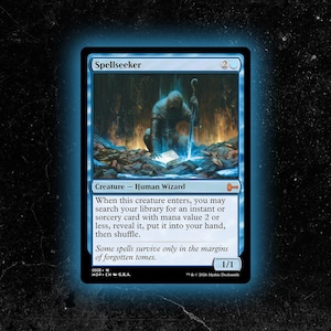 May include: A blue-bordered Spellseeker trading card featuring a hooded figure holding a staff over an open book. The card text reads: When this creature enters, you may search your library for an instant or sorcery card with mana value 2 or less.