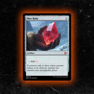 May include: A Magic: The Gathering card titled "Mox Ruby." The card features a hand holding a large, glowing red crystal against a snowy mountain backdrop. The card is labeled "Artifact" and includes flavor text.