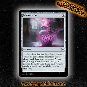 May include: A Magic: The Gathering trading card titled Memory Jar. The card features an illustration of a glass jar filled with purple smoke and small dark objects. The text describes the artifact's ability to exile hands and draw seven cards.