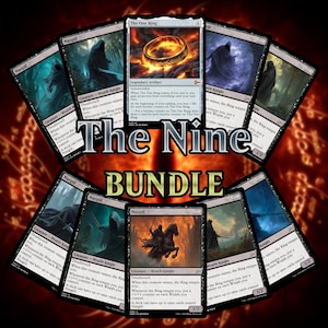 Könnte beinhalten: Ein Set aus neun Sammelkarten mit Illustrationen von Geistern und einem goldenen Ring. Die Karten sind kreisförmig angeordnet vor einem feurigen Hintergrund. Der Text "The Nine Bundle" ist deutlich sichtbar.