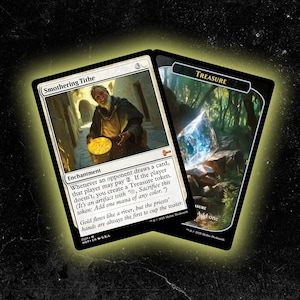 May include: Two Magic: The Gathering cards. One card is titled "Smothering Tithe" with an illustration of a man holding a pot of gold. The other card is a "Treasure" token with a blue crystal illustration.
