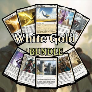 Puede incluir: Un conjunto de cartas de Magic: The Gathering, con el título "White Gold Bundle". Las cartas muestran diversas ilustraciones y textos de fantasía, incluyendo "Serra's Sanctum" y "Moat". Las cartas son blancas, negras y doradas.