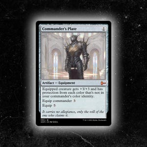 May include: A Commander's Plate card with an illustration of a suit of armour. The card is an Artifact - Equipment, with text detailing its abilities. The card has a white border and a black background.