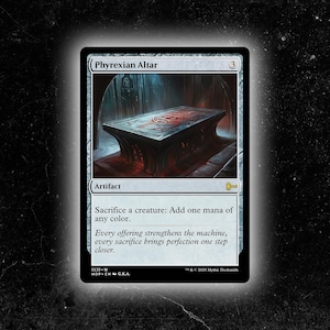 May include: A Magic: The Gathering card featuring the "Phyrexian Altar." The card displays a detailed illustration of a dark, stone altar with a red-hued top. The card text describes the artifact's function and flavor text.