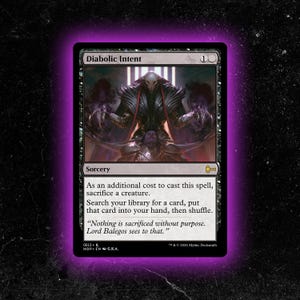 Op de afbeelding: Een rechthoekige ruilkaart getiteld Diabolic Intent met een donkere, skeletachtige figuur met rode accenten die boven een persoon uittorent. De kaarttekst bevat spelinstructies en het citaat, Nothing is sacrificed without purpose. Lord Balegos sees to that.