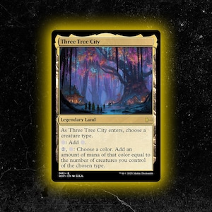 May include: A Magic: The Gathering card titled "Three Tree City." The card features a landscape with colorful trees and a forest. Text on the card describes its function as a legendary land with mana-generating abilities.