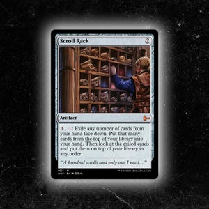 May include: A Magic: The Gathering trading card titled Scroll Rack, featuring an illustration of a person reaching into a wooden shelf filled with scrolls. The card text details the artifact's ability and includes the flavor text, A hundred scrolls and only one I need.