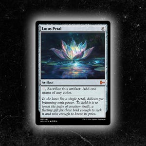 May include: A trading card titled "Lotus Petal" features a vibrant, multi-colored lotus flower floating on water. The card is an artifact, with text describing its function and a quote about its power. The card has a black border.
