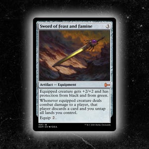 May include: A Magic: The Gathering card featuring the "Sword of Feast and Famine." The card has a black border and a detailed illustration of a sword with a yellow blade and ornate hilt. Text includes the card's name, mana cost, and abilities.