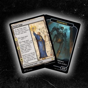 May include: Two collectible trading cards. One card features a robed figure with a staff, the text "Urza's Saga," and game instructions. The other card displays a Construct with the text "Construct" and game instructions.
