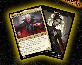 May include: Two trading cards featuring fantasy artwork. The left card is Edgar Markov, a legendary vampire knight with white hair and a black cape. The right card is a black-bordered vampire token depicting a person in dark armor with red accents.