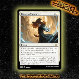 May include: A Magic: The Gathering trading card titled Flawless Maneuver. The card features an illustration of a figure in a dark cloak and hat casting a spell with glowing blue energy. The text includes game rules and flavour text.