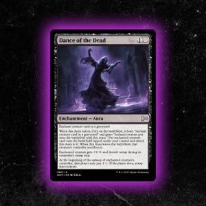 May include: A Magic: The Gathering card titled "Dance of the Dead." The card features a dark, spectral figure in a flowing robe, set against a shadowy, gothic background. The card is an enchantment aura.