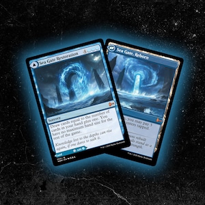 May include: Two blue Magic: The Gathering cards, "Sea Gate Restoration" and "Sea Gate, Reborn", with swirling blue and white imagery. The cards feature text describing their abilities and are set against a dark background with a blue glow.