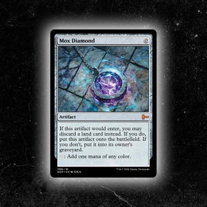 May include: A Magic: The Gathering card titled "Mox Diamond." The card features a detailed illustration of a gem pendant with a purple center and silver accents. The card text describes the artifact's function.