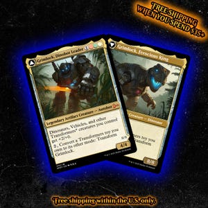May include: Two Magic: The Gathering trading cards featuring Grimlock, Dinobot Leader and Grimlock, Ferocious King. The cards display a robotic figure and a mechanical dinosaur in a jungle setting with gold borders and black text boxes.