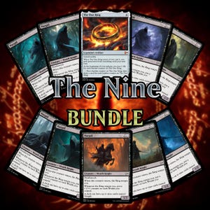 Könnte beinhalten: Eine Sammlung von Sammelkarten mit Fantasy-Kunst und Text. Die Karten sind kreisförmig angeordnet, mit den Worten "The Nine Bundle" prominent dargestellt. Die Karten zeigen Charaktere und Szenen, wobei der Text "Nazgûl" sichtbar ist.