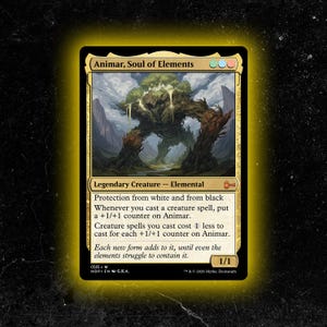 May include: A Magic: The Gathering card featuring "Animar, Soul of Elements." The card depicts a towering elemental creature with a tree-like head and a body of stone and wood. The card's text describes its abilities and stats, with a power and toughness of 1/1.