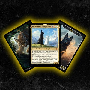 May include: Three Magic: The Gathering cards featuring animal illustrations. The central card displays a black and white dog and cat with the text "Rin and Seri, Inseparable." The other cards show a cat and a dog. The cards have a black border and a yellow glow.