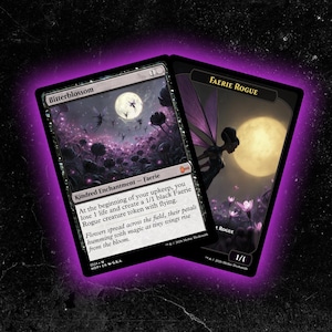 May include: Two fantasy trading cards. One card features the text "Bitterblossom" and a moonlit field with fairies. The other card shows a fairy silhouette with the text "Faerie Rogue". Both cards have a black border and purple accents.