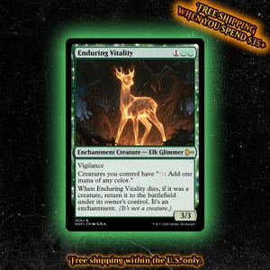 May include: A Magic: The Gathering trading card titled Enduring Vitality, featuring a glowing orange elk illustration. The card text includes Vigilance, mana abilities, and death triggers, with a 3/3 power and toughness rating at the bottom right.
