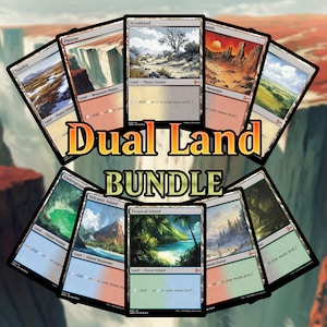 May include: A selection of Magic: The Gathering Dual Land cards, including Tundra, Plateau, Scrubland, and others. The cards are fanned out, with the words "Dual Land Bundle" in the centre, showcasing various landscape illustrations.