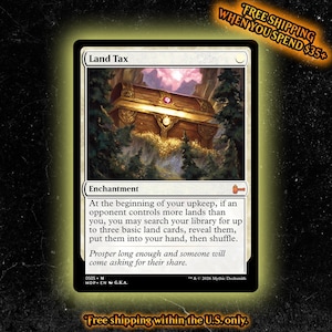 May include: A Land Tax Magic: The Gathering trading card featuring an illustration of a wooden treasure chest overflowing with gold coins in a forest setting. The card text includes the name Land Tax, the enchantment type, and rules text.