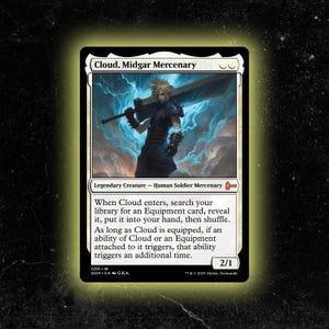 May include: A white Magic: The Gathering card featuring Cloud, Midgar Mercenary. The card depicts a character with a large sword against a cloudy, blue sky background. Text on the card describes its abilities and stats, including a 2/1 power/toughness.