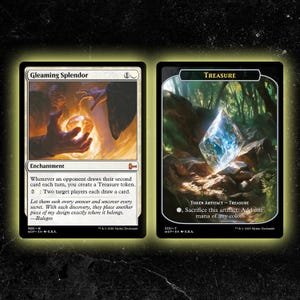 Puede incluir: Dos cartas coleccionables rectangulares con bordes negros. La carta de la izquierda, Gleaming Splendor, muestra una figura sosteniendo un orbe naranja brillante. La de la derecha, Treasure, representa un gran cristal azul facetado en un bosque.