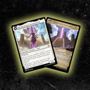 May include: Two Magic: The Gathering trading cards. One card features a purple god-like figure with the text "Ojer Taq, Deepest Foundation." The other card shows a temple with the text "Temple of Civilization."