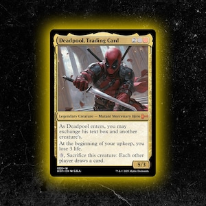 Könnte beinhalten: Sammelkarte mit Deadpool, einem Mutant Mercenary Hero, in einer dynamischen Pose. Die Karte hat einen goldenen Rand und enthält Spieltext, der seine Fähigkeiten beschreibt. Die Stärke und Zähigkeit der Karte sind mit 5/3 angegeben.