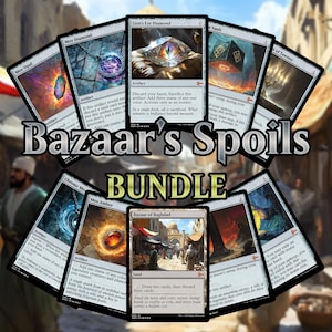 May include: A bundle of collectible trading cards featuring various artifacts and lands. The cards display intricate artwork and text, with the words "Bazaar's Spoils" and "BUNDLE" prominently displayed.