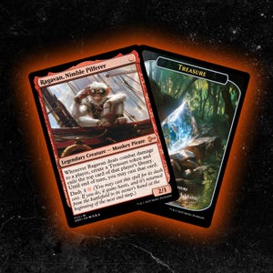 May include: Two Magic: The Gathering cards. The first card features a monkey pirate named Ragavan, Nimble Pilferer. The second card is a Treasure token. Both cards have a red and black border with text and illustrations.